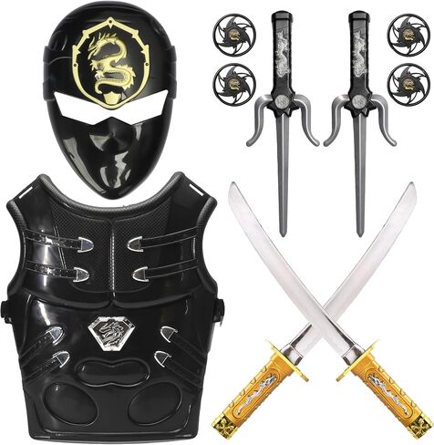 Ninja Warrior Weapons Set with Chest Armor Mask Ninja Roleplay Pretend Play Cosplay Accessories Kids Martial Arts Katanas SAIS Throwing Stars 10 Pcs Black in Saudi Arabia