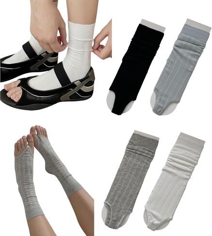 4 Pairs Women's Open Toe Stirrup Socks Balletcore Aesthetic Ribbed Slouchy Knit for Summer Sandals Yoga in Saudi Arabia