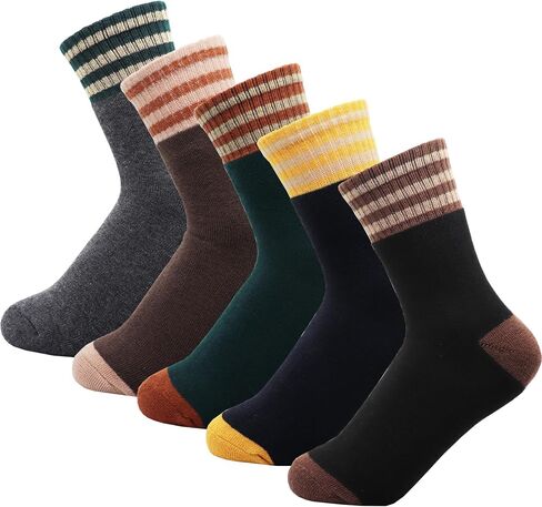 HeTaoCat Womens Retro Striped Crew Socks 5 Pairs, Color Block Cotton Mid Calf Socks, Size 5-9 Casual Socks for Daily Wear in Saudi Arabia