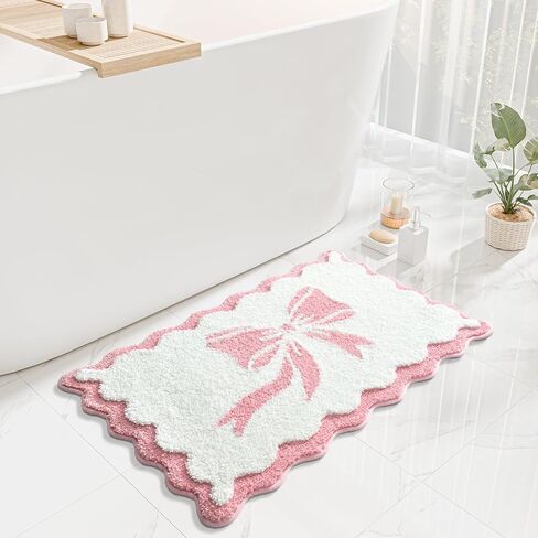 Anybar Bow Bath Mat Pink White Bathroom Rug Cute Scalloped Rugs Non Slip Floor Carpet Microfiber Bathmat Soft Super Absorbent Machine Washable Bathmat for Shower Scallop Bathroom Mats（18x25 inch） in Saudi Arabia