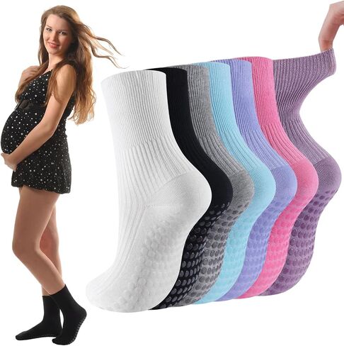Twistover 7 Pairs Non Slip Pregnancy Crew Socks Cotton Loose Fitting Labor Delivery Maternity Socks Non Binding Cozy Anklets with Grips for Women Swollen Feet Pregnancy New Mom Hospital Gift in Kuwait