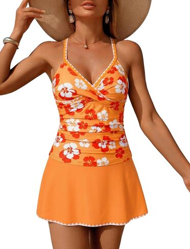 ZAFUL Women's Tankini Sets with Skirt High Waisted V Neck Twist Two Pieces Swimsuit Crisscross Back Color Block Bathing Suit in Kuwait