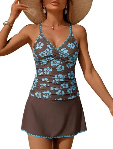 ZAFUL Women's Tankini Sets with Skirt High Waisted V Neck Twist Two Pieces Swimsuit Crisscross Back Color Block Bathing Suit in Kuwait