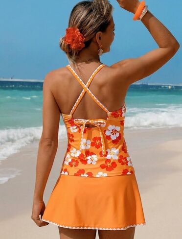 ZAFUL Women's Tankini Sets with Skirt High Waisted V Neck Twist Two Pieces Swimsuit Crisscross Back Color Block Bathing Suit in Kuwait
