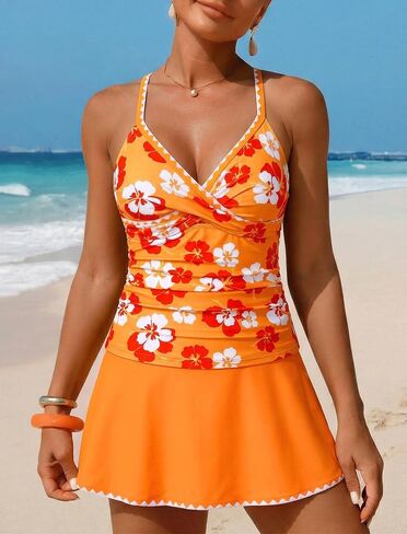 ZAFUL Women's Tankini Sets with Skirt High Waisted V Neck Twist Two Pieces Swimsuit Crisscross Back Color Block Bathing Suit in Kuwait