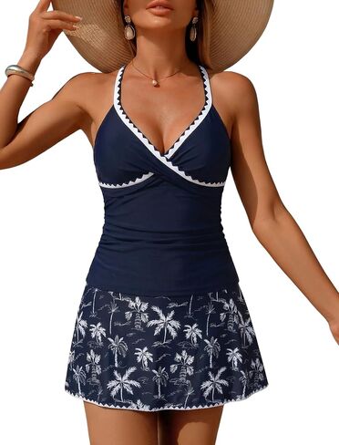 ZAFUL Women's Tankini Sets with Skirt High Waisted V Neck Twist Two Pieces Swimsuit Crisscross Back Color Block Bathing Suit in Kuwait
