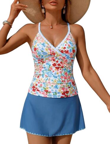 ZAFUL Women's Tankini Sets with Skirt High Waisted V Neck Twist Two Pieces Swimsuit Crisscross Back Color Block Bathing Suit in Kuwait