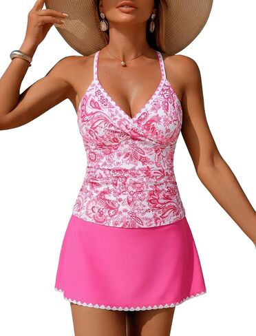 ZAFUL Women's Tankini Sets with Skirt High Waisted V Neck Twist Two Pieces Swimsuit Crisscross Back Color Block Bathing Suit in Kuwait