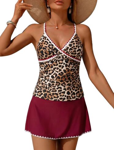ZAFUL Women's Tankini Sets with Skirt High Waisted V Neck Twist Two Pieces Swimsuit Crisscross Back Color Block Bathing Suit in Kuwait