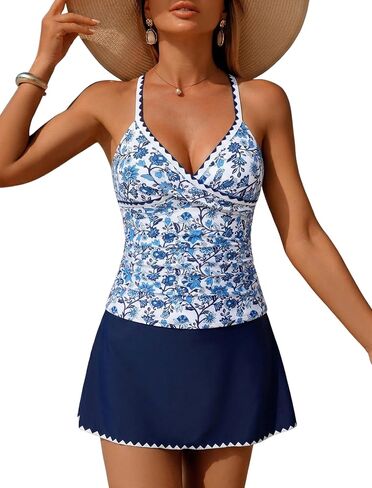ZAFUL Women's Tankini Sets with Skirt High Waisted V Neck Twist Two Pieces Swimsuit Crisscross Back Color Block Bathing Suit in Kuwait