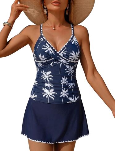 ZAFUL Women's Tankini Sets with Skirt High Waisted V Neck Twist Two Pieces Swimsuit Crisscross Back Color Block Bathing Suit in Kuwait