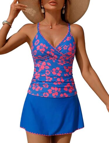 ZAFUL Women's Tankini Sets with Skirt High Waisted V Neck Twist Two Pieces Swimsuit Crisscross Back Color Block Bathing Suit in Kuwait
