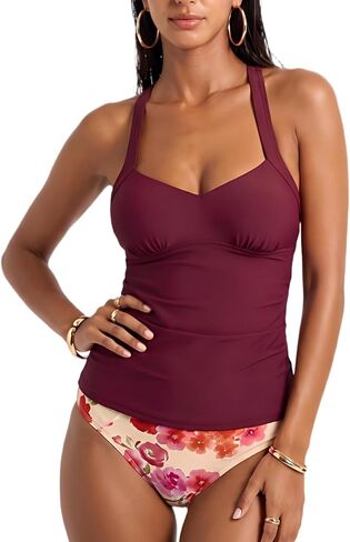 CUPSHE Women's Tankini Set V Neck Bathing Suit Crossback Self Tie Mid Rise Ruching Swimsuit in Kuwait