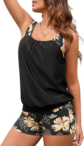 Women's Tankini Bathing Suits Tummy Control Two Piece Swimsuits with Shorts Swim Tops Blouson Swimwear in Saudi Arabia