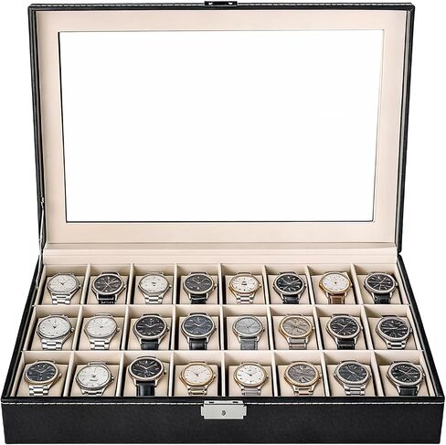NYXOVA 24 Slots Watch Box, PU Leather Watch Display Case, Lockable Watch Storage Organizer with Removable Pillows for Men and Women, Jewelry Organizer for Watches, Travel and Home Use in Kuwait