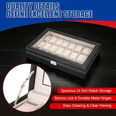 NYXOVA 24 Slots Watch Box, PU Leather Watch Display Case, Lockable Watch Storage Organizer with Removable Pillows for Men and Women, Jewelry Organizer for Watches, Travel and Home Use in Kuwait