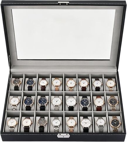 NYXOVA 24 Slots Watch Box, PU Leather Watch Display Case, Lockable Watch Storage Organizer with Removable Pillows for Men and Women, Jewelry Organizer for Watches, Travel and Home Use in Kuwait
