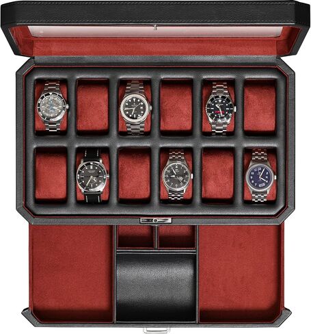 ROTHWELL 12 Slot Leather Watch Box with Valet Drawer - 12 Slot Luxury Watch Case Display Organizer, Microsuede Liner, Mens Accessories Holder, Jewelry Case, Jewelry Display Organizer - Black/Red in Kuwait