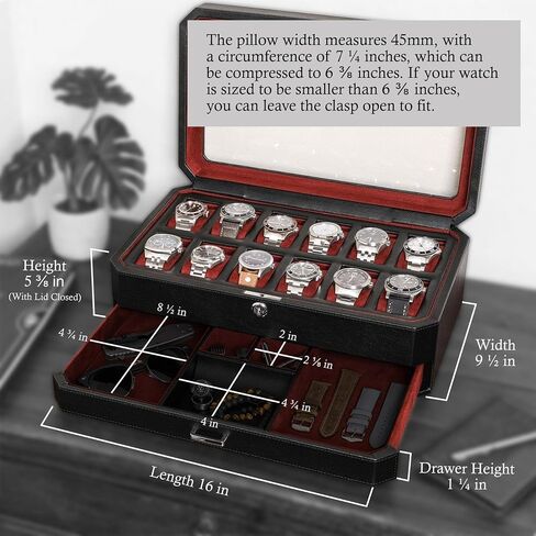 ROTHWELL 12 Slot Leather Watch Box with Valet Drawer - 12 Slot Luxury Watch Case Display Organizer, Microsuede Liner, Mens Accessories Holder, Jewelry Case, Jewelry Display Organizer - Black/Red in Kuwait