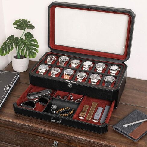 ROTHWELL 12 Slot Leather Watch Box with Valet Drawer - 12 Slot Luxury Watch Case Display Organizer, Microsuede Liner, Mens Accessories Holder, Jewelry Case, Jewelry Display Organizer - Black/Red in Kuwait