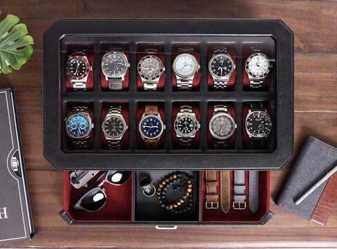 ROTHWELL 12 Slot Leather Watch Box with Valet Drawer - 12 Slot Luxury Watch Case Display Organizer, Microsuede Liner, Mens Accessories Holder, Jewelry Case, Jewelry Display Organizer - Black/Red in Kuwait