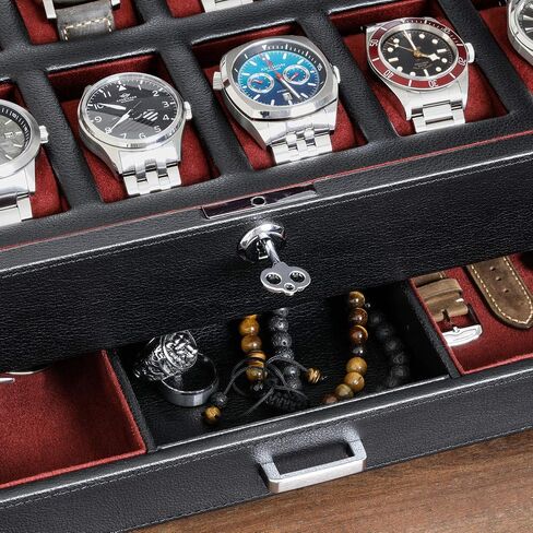 ROTHWELL 12 Slot Leather Watch Box with Valet Drawer - 12 Slot Luxury Watch Case Display Organizer, Microsuede Liner, Mens Accessories Holder, Jewelry Case, Jewelry Display Organizer - Black/Red in Kuwait