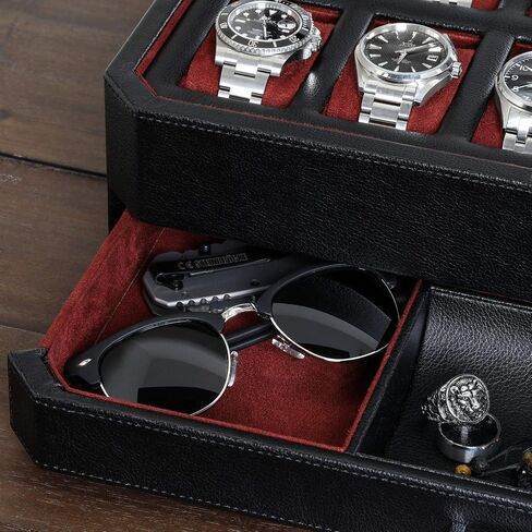 ROTHWELL 12 Slot Leather Watch Box with Valet Drawer - 12 Slot Luxury Watch Case Display Organizer, Microsuede Liner, Mens Accessories Holder, Jewelry Case, Jewelry Display Organizer - Black/Red in Kuwait