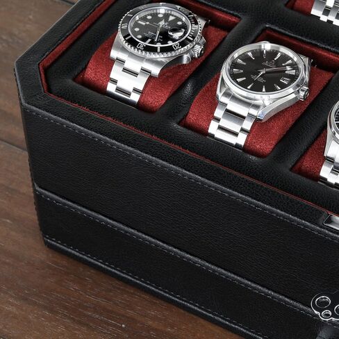 ROTHWELL 12 Slot Leather Watch Box with Valet Drawer - 12 Slot Luxury Watch Case Display Organizer, Microsuede Liner, Mens Accessories Holder, Jewelry Case, Jewelry Display Organizer - Black/Red in Kuwait