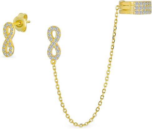 Bling Jewelry Love Symbol Chain Cartilage Threader Ear Cuff Wrap Infinity Earring Pave CZ Stud Helix Earring Stud Set For Women Yellow 14K Gold Plated .925 Sterling Silver in Kuwait