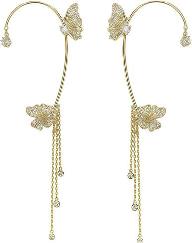 Non-Pierced Butterfly Flower Tassel Ear Cuff 18K Gold Plated 5A Zircon Ear Wrap for Women Holiday Party Birthday Ball Jewelry in Kuwait