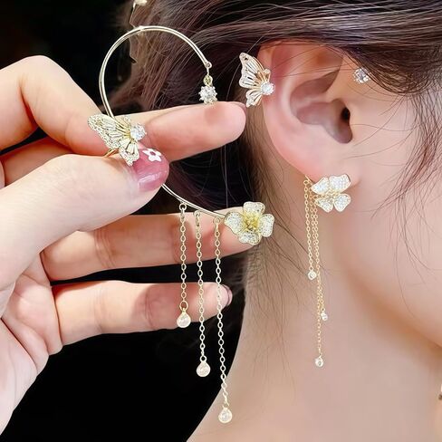 Non-Pierced Butterfly Flower Tassel Ear Cuff 18K Gold Plated 5A Zircon Ear Wrap for Women Holiday Party Birthday Ball Jewelry in Kuwait