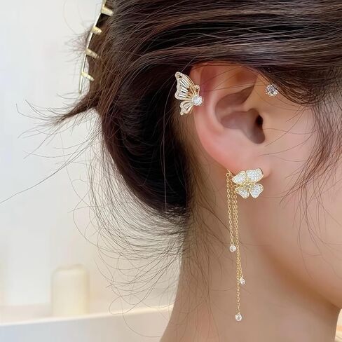 Non-Pierced Butterfly Flower Tassel Ear Cuff 18K Gold Plated 5A Zircon Ear Wrap for Women Holiday Party Birthday Ball Jewelry in Kuwait