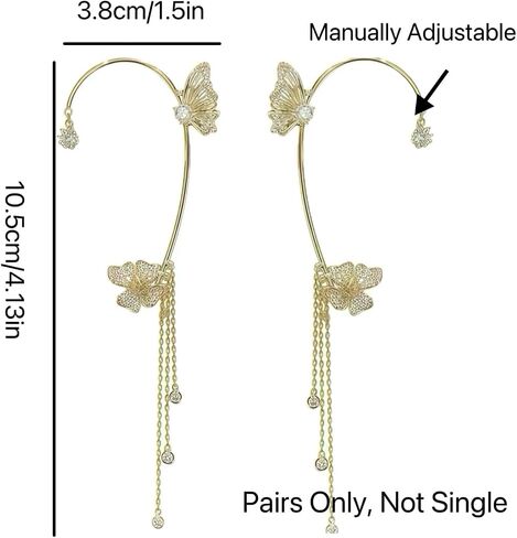 Non-Pierced Butterfly Flower Tassel Ear Cuff 18K Gold Plated 5A Zircon Ear Wrap for Women Holiday Party Birthday Ball Jewelry in Kuwait