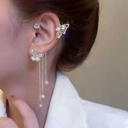 Non-Pierced Butterfly Flower Tassel Ear Cuff 18K Gold Plated 5A Zircon Ear Wrap for Women Holiday Party Birthday Ball Jewelry in Kuwait