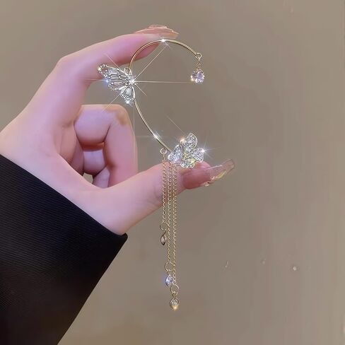 Non-Pierced Butterfly Flower Tassel Ear Cuff 18K Gold Plated 5A Zircon Ear Wrap for Women Holiday Party Birthday Ball Jewelry in Kuwait