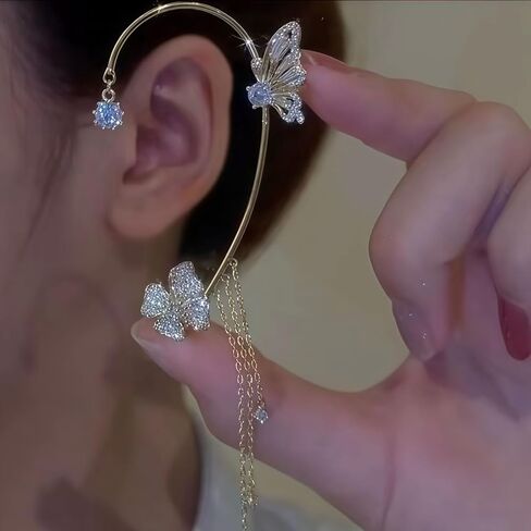 Non-Pierced Butterfly Flower Tassel Ear Cuff 18K Gold Plated 5A Zircon Ear Wrap for Women Holiday Party Birthday Ball Jewelry in Kuwait
