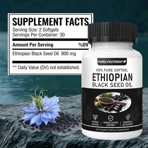PURELYNUTRIENT Ethiopian Black Seed Oil Capsules with 4.64% Thymoquinone, Immune Support & Digestion & Energy Booster, Non-GMO, Gluten-Free, 60 Count Softgels in Kuwait
