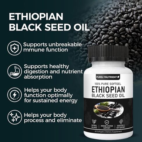 PURELYNUTRIENT Ethiopian Black Seed Oil Capsules with 4.64% Thymoquinone, Immune Support & Digestion & Energy Booster, Non-GMO, Gluten-Free, 60 Count Softgels in Kuwait