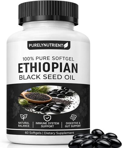PURELYNUTRIENT Ethiopian Black Seed Oil Capsules with 4.64% Thymoquinone, Immune Support & Digestion & Energy Booster, Non-GMO, Gluten-Free, 60 Count Softgels in Kuwait