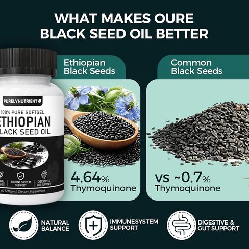 PURELYNUTRIENT Ethiopian Black Seed Oil Capsules with 4.64% Thymoquinone, Immune Support & Digestion & Energy Booster, Non-GMO, Gluten-Free, 60 Count Softgels in Kuwait
