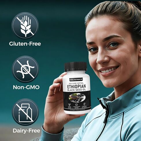 PURELYNUTRIENT Ethiopian Black Seed Oil Capsules with 4.64% Thymoquinone, Immune Support & Digestion & Energy Booster, Non-GMO, Gluten-Free, 60 Count Softgels in Kuwait