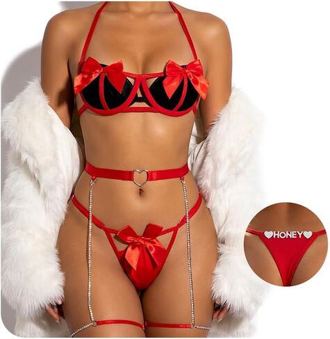 Bow Lingerie Sets for Women, 3 Pieces Adjustable Stylish Cut Bra & Panty with Rhinestone Letters and Thigh Chain in Saudi Arabia