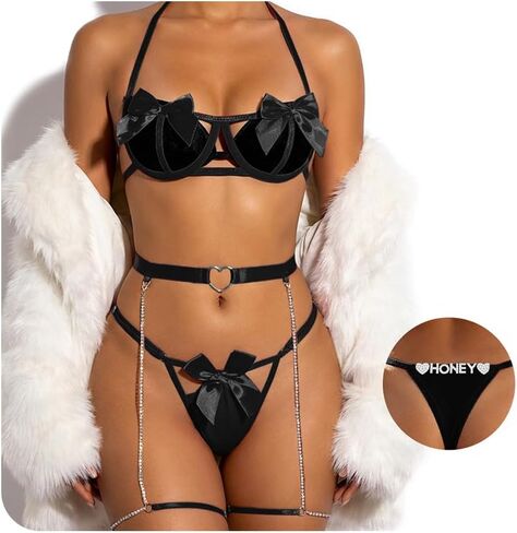 Bow Lingerie Sets for Women, 3 Pieces Adjustable Stylish Cut Bra & Panty with Rhinestone Letters and Thigh Chain in Saudi Arabia