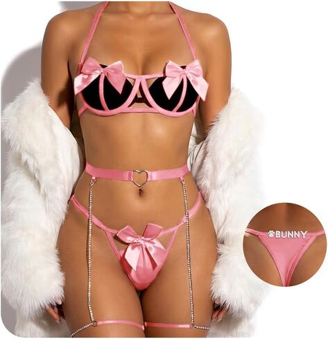 Bow Lingerie Sets for Women, 3 Pieces Adjustable Stylish Cut Bra & Panty with Rhinestone Letters and Thigh Chain in Saudi Arabia