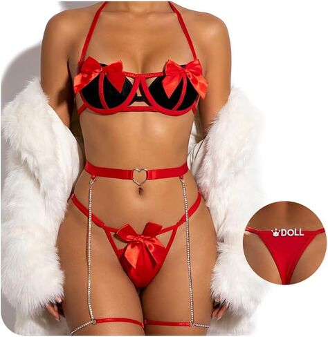 Bow Lingerie Sets for Women, 3 Pieces Adjustable Stylish Cut Bra & Panty with Rhinestone Letters and Thigh Chain in Saudi Arabia