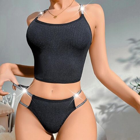 Lingerie for Women Set, 2 Piece Womens Bra and Panty Set, Comfortable Ribbed Sexy Mesh Underwear with Adjustable Straps in Kuwait