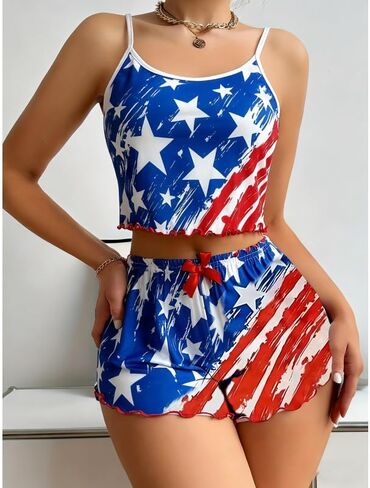 Star-Printed Independence Day Cosplay Sleeveless Top and Shorts Two-Piece Set for Women in Kuwait