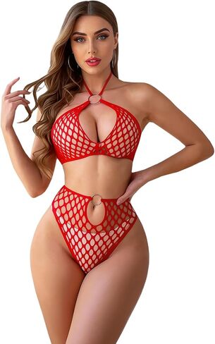 Red Bra and Panty Set for Women 2 Piece Sexy Lingerie Fishnet Sets Mesh Slutty Outfits Naughty Onesize 2-8 in Kuwait