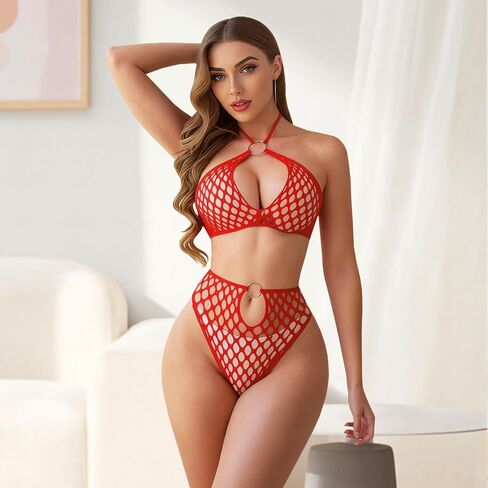 Red Bra and Panty Set for Women 2 Piece Sexy Lingerie Fishnet Sets Mesh Slutty Outfits Naughty Onesize 2-8 in Kuwait