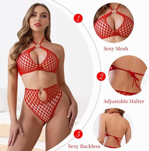 Red Bra and Panty Set for Women 2 Piece Sexy Lingerie Fishnet Sets Mesh Slutty Outfits Naughty Onesize 2-8 in Kuwait